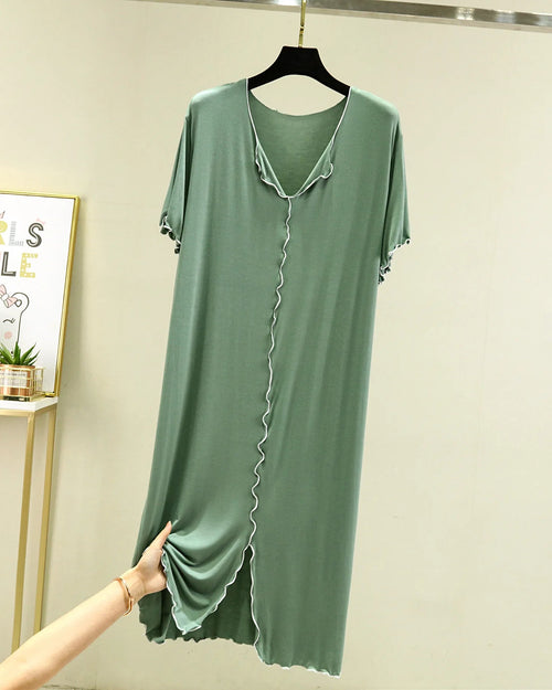 Modal V-Neck Short-Sleeve Mid-Calf Sleep Dress
