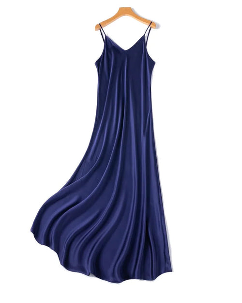 Mulberry Silk Spaghetti Strap V-Neck Fit-and-Flare Maxi Dress