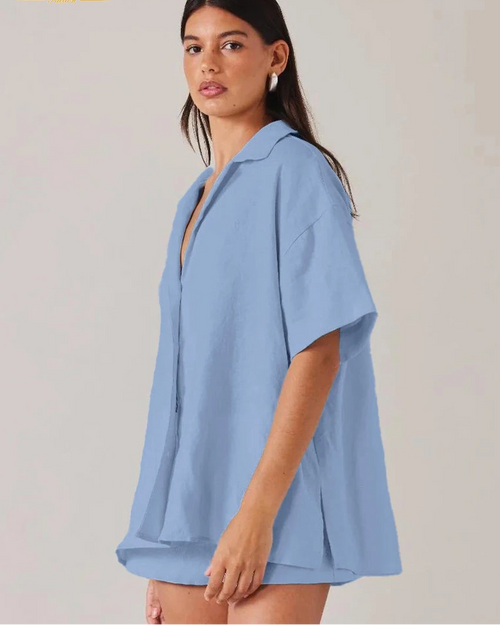 Cotton Half-Sleeve Shirt & High-Waist Shorts Set