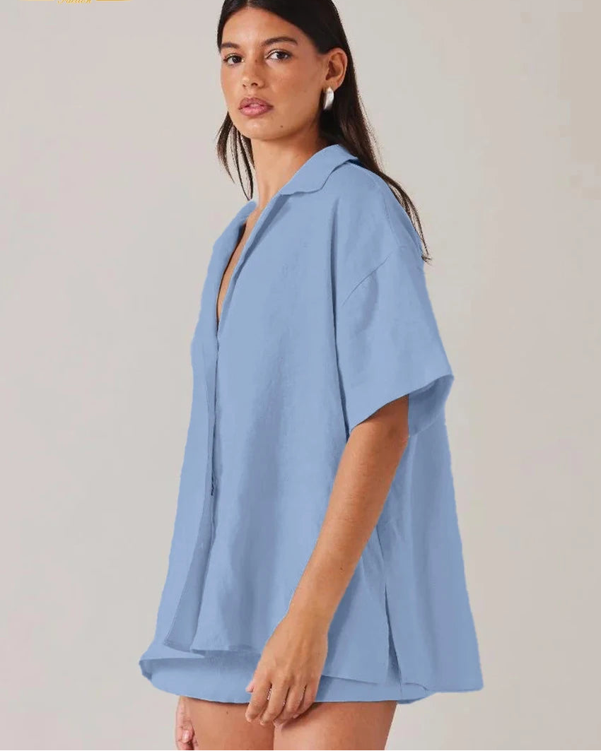 Cotton Half-Sleeve Shirt & High-Waist Shorts Set