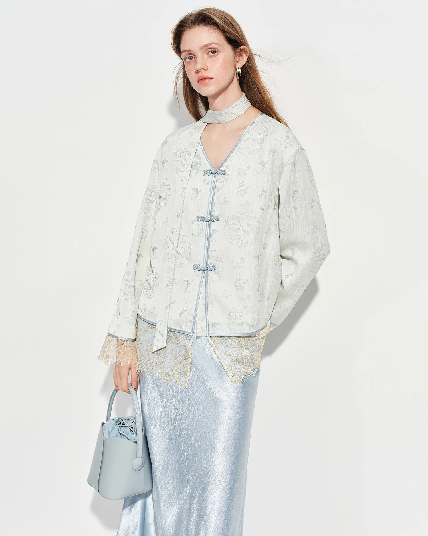 V-Neck Button-Down Lace-Trimmed Shirt