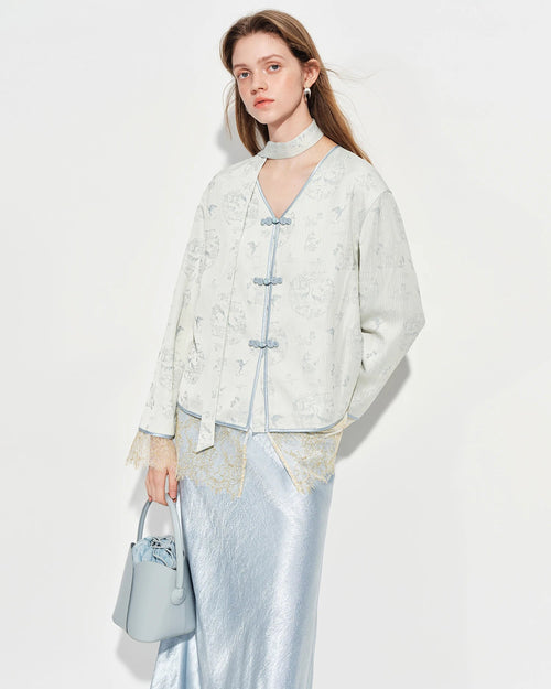 V-Neck Button-Down Lace-Trimmed Shirt