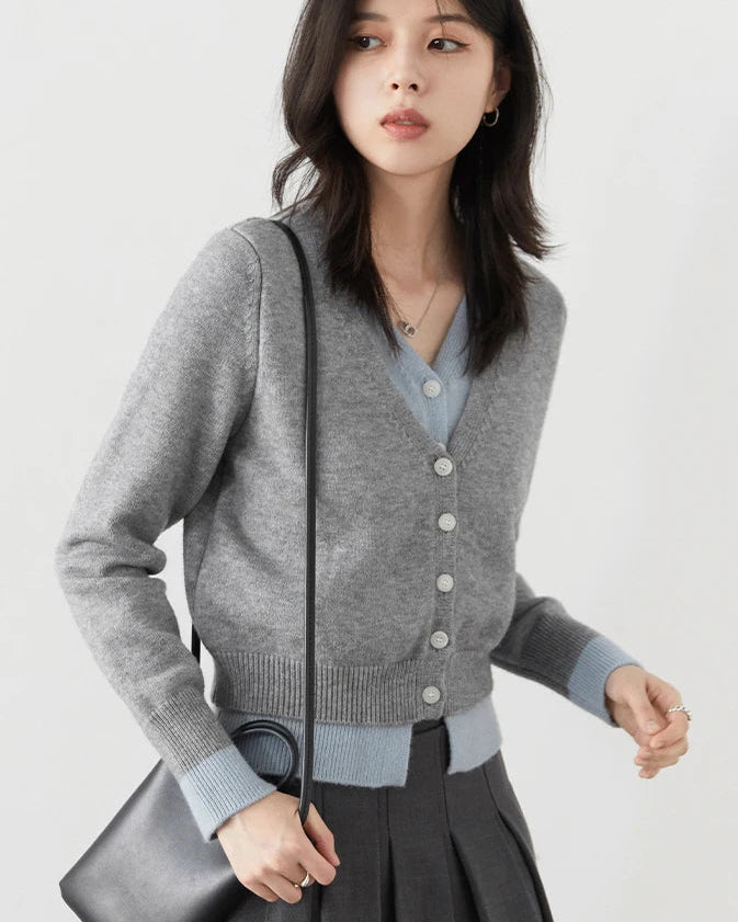 Contrast Trim V-Neck Knit Cardigan