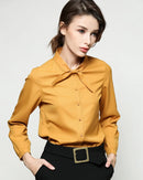 Structured polyester blend solid color collar tie single-breasted shirt with a chic halter neckline and long sleeves, perfect for polished spring autumn commuting or office wear.