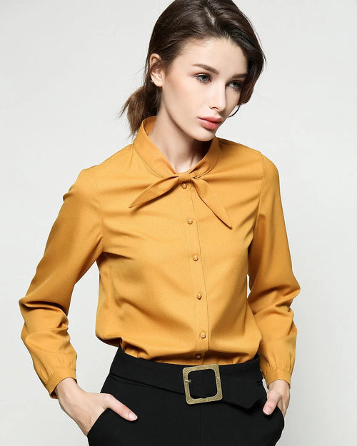 Structured polyester blend solid color collar tie single-breasted shirt with a chic halter neckline and long sleeves, perfect for polished spring autumn commuting or office wear.