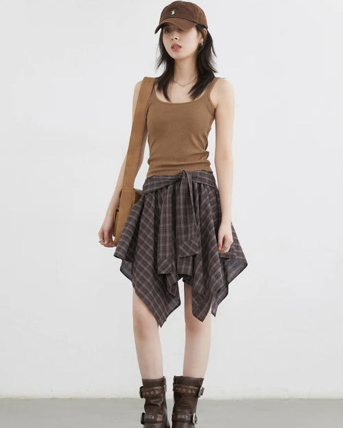 Plaid Asymmetric A-Line Cotton Midi Skirt