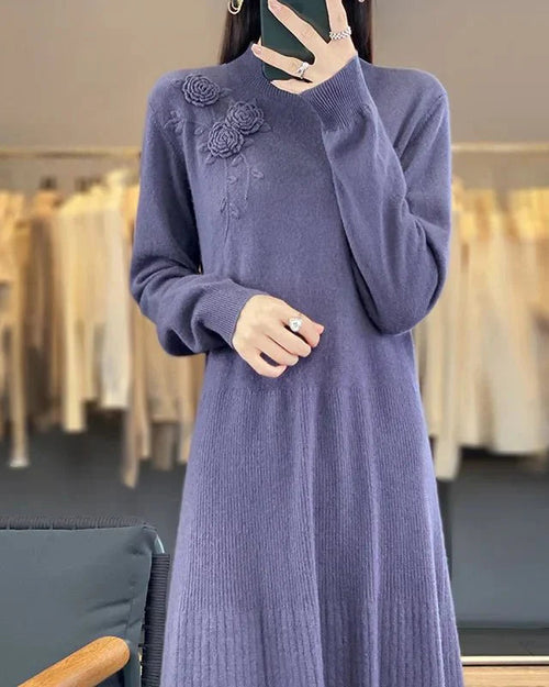 100% Pure Wool Knitted A-Line Long Sleeves Dress