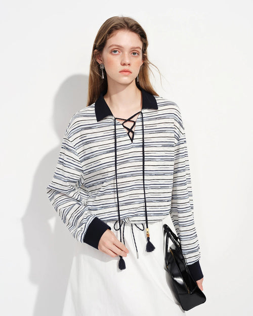 Soft polyester blend classic striped color-blocked polo shirt featuring a turn-down lapel collar and long sleeves, perfect for retro casual wear or everyday spring.