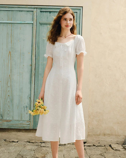 Embroidered Lace Collar Puff Sleeve White Dress