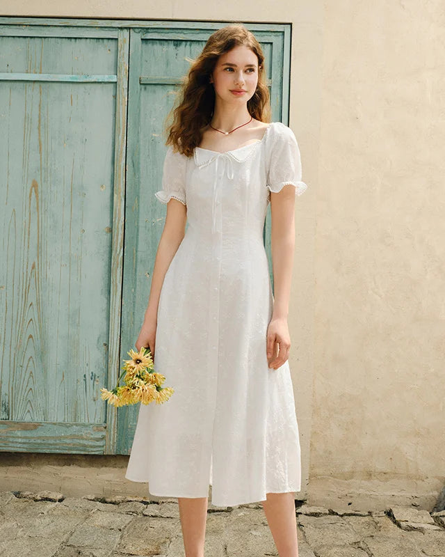 Embroidered Lace Collar Puff Sleeve White Dress