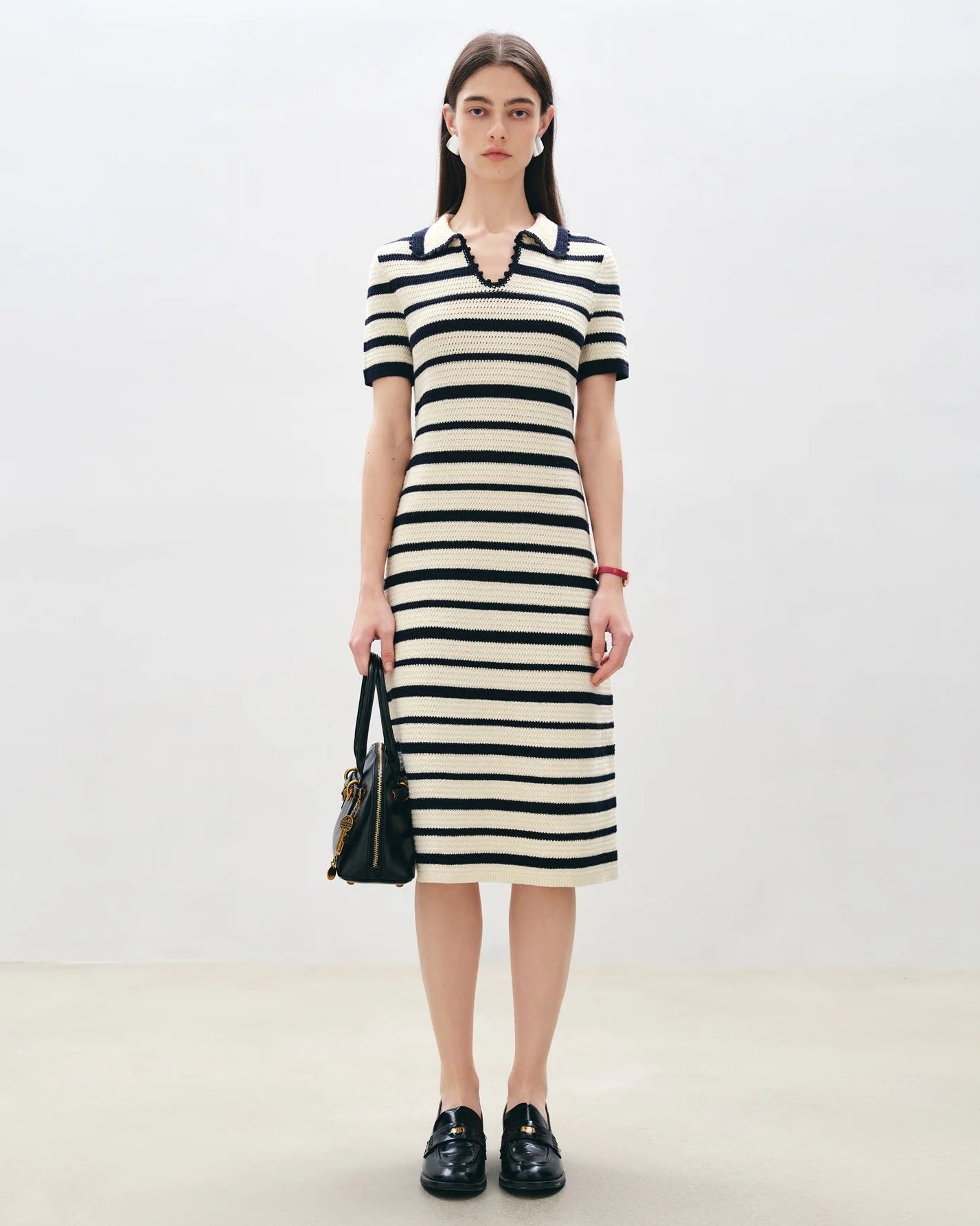 Long Striped Polo Collar Knit Dress