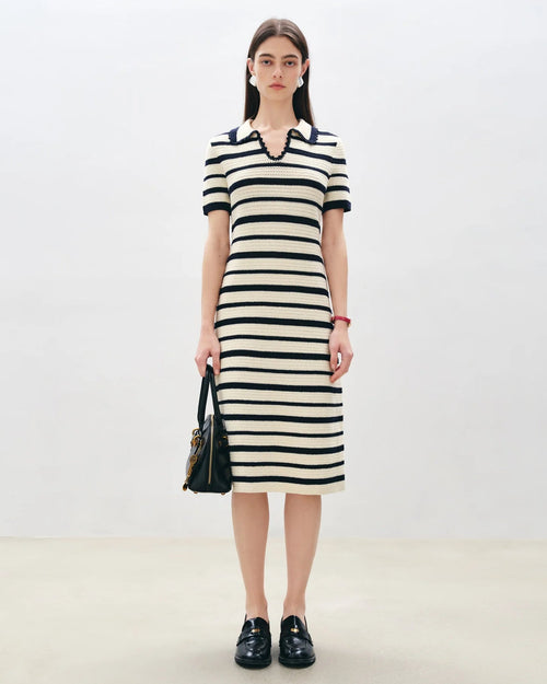 Long Striped Polo Collar Knit Dress