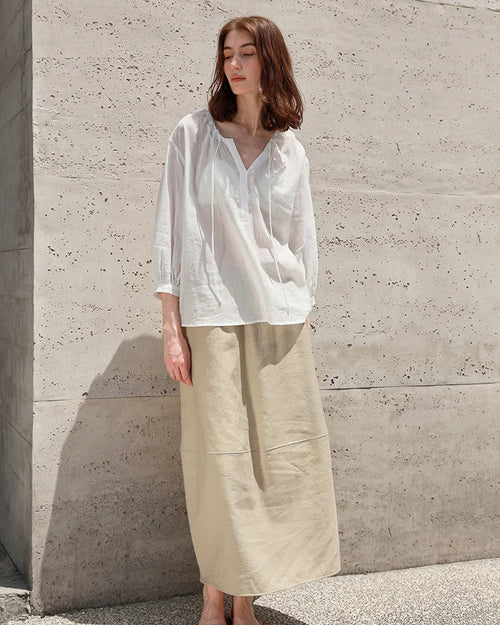 Ramie Lyocell V-Neck Drawstring Blouse