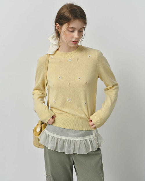Beaded Floral Knit Pullover Sweater