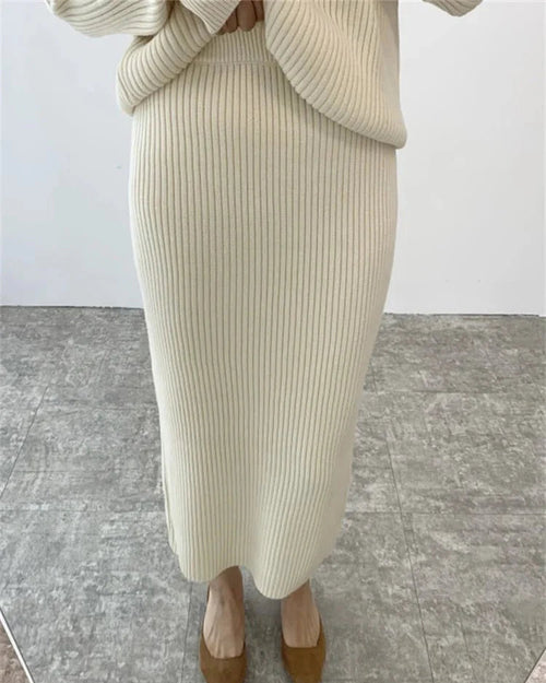 Ribbed Knited Round-Neck Sweater & Midi Skirt Set