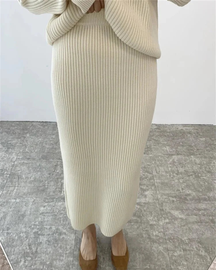 Ribbed Knited Round-Neck Sweater & Midi Skirt Set