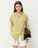 Loose V-Neck Rolled-Up Sleeve Shirt