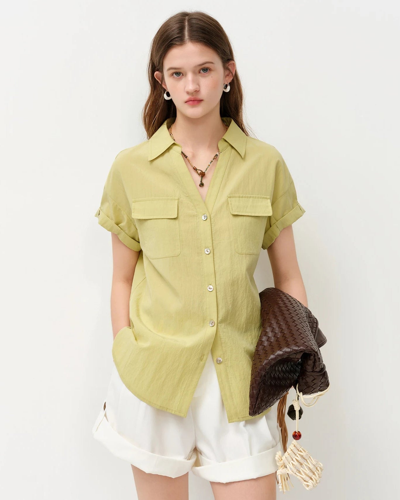 Loose V-Neck Rolled-Up Sleeve Shirt