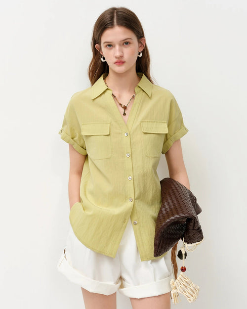 Loose V-Neck Rolled-Up Sleeve Shirt