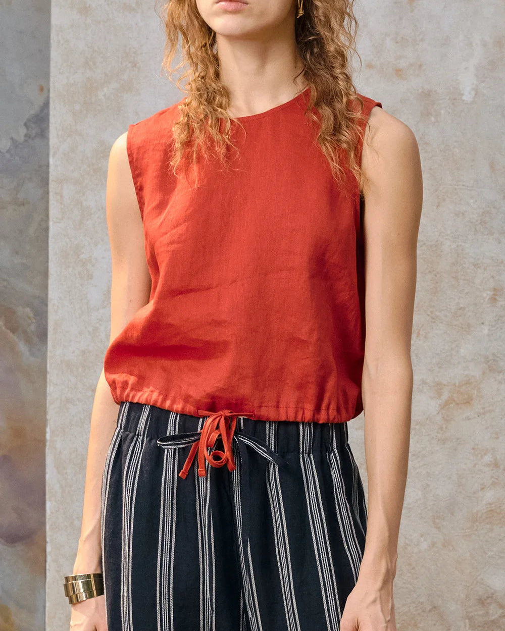 Linen Drawstring Crew Neck Cropped Vest