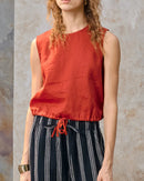 Linen Drawstring Crew Neck Cropped Vest