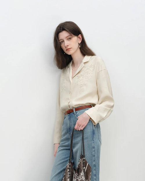 Linen-Blend Polo-Neck Button-Front Shirt