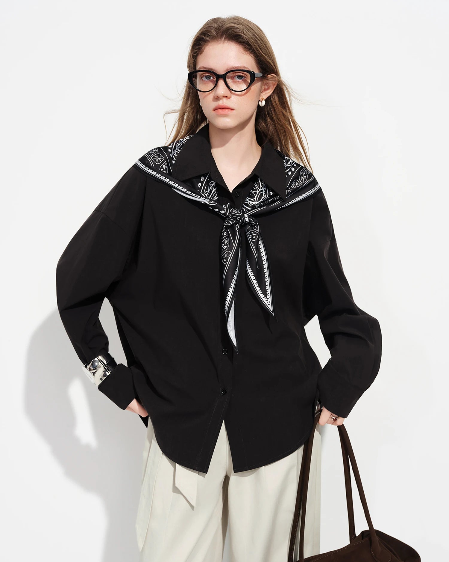 Long-Sleeve Stand-Collar Shirt With Silk Scarf