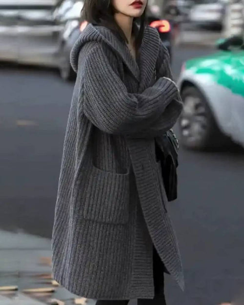 Single Breasted Wool Ribbed Cardigan With Hoodie