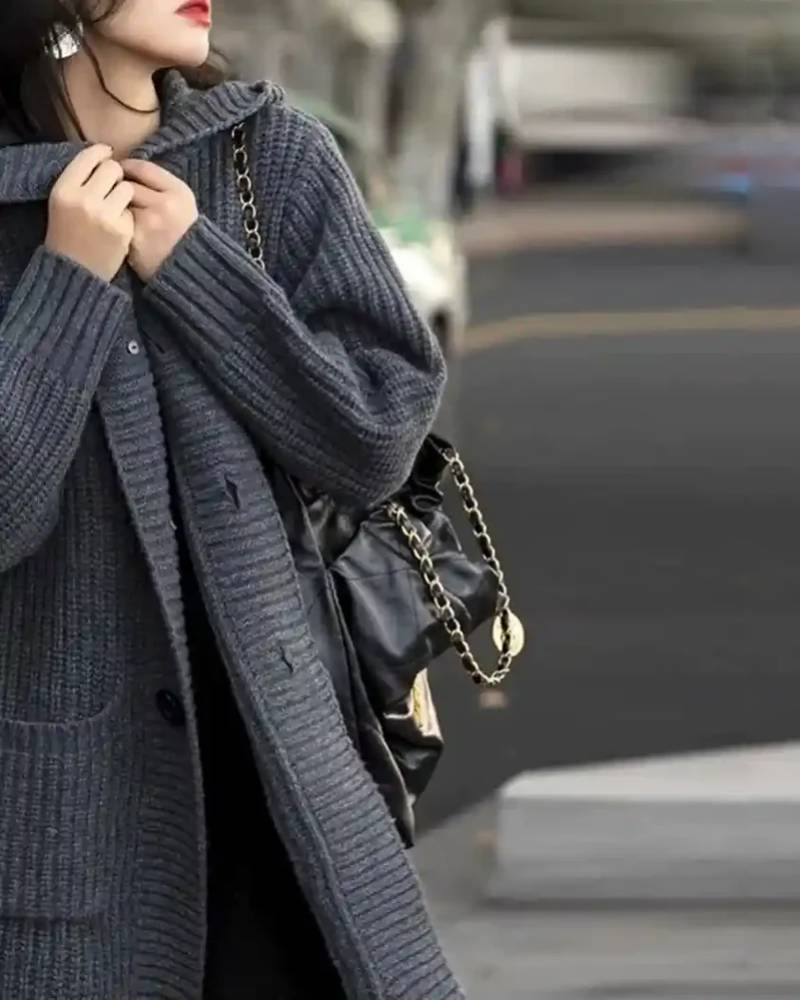 Single Breasted Wool Ribbed Cardigan With Hoodie