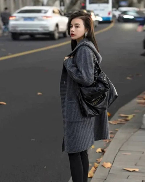 Single Breasted Wool Ribbed Cardigan With Hoodie