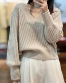 Cashmere V-neck pullover, relaxed fit, ribbed cuffs & hem, heather taupe—lightweight luxury for winter layering or solo wear.