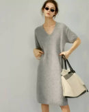 Wool & Cashmere Blended V-neck dress, short sleeves, A-line midi skirt, ribbed trim, soft camel—breathable winter elegance for her.
