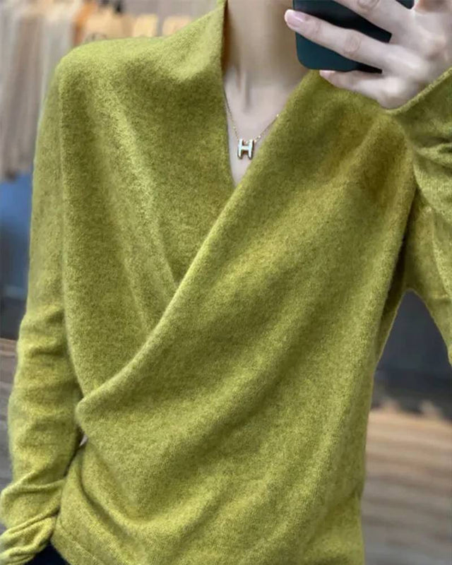 V-neck Wrap Style 100% Wool Knitted Sweater