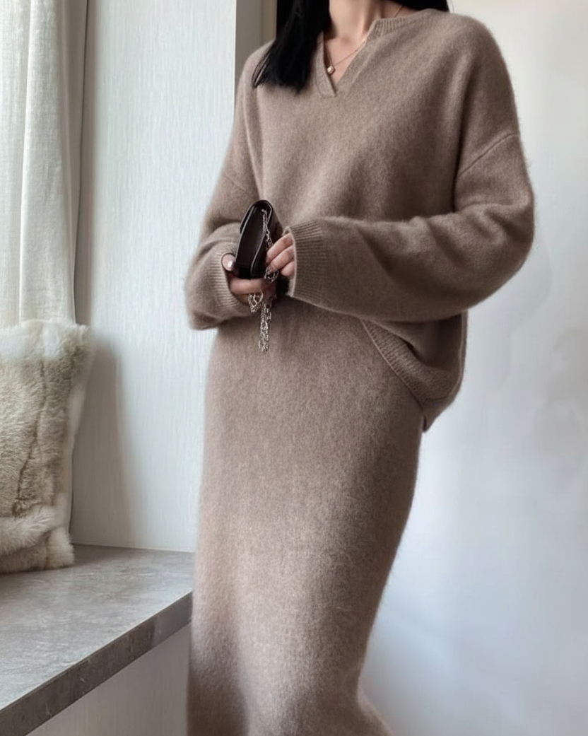 Solid Cashmere Sweater And Skirt Set