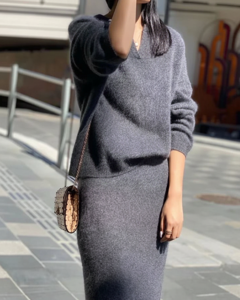Solid Cashmere Sweater And Skirt Set